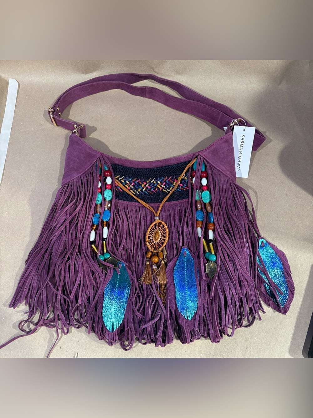 Karma Highway Purple Fringe Shoulder Bag with Beaded and Feather Accents